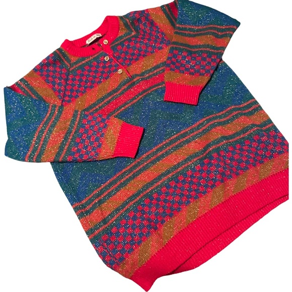 Vintage Sweaters - Vintage 1980's Italian Mohair Wool Bright Colored Geometric Long Sleeve Sweater